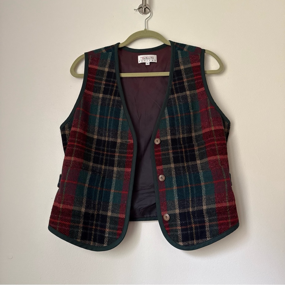 Vintage 90s Talbots Petites 100% Wool Vest in Green Plaid, Size S Petite - Picture 4 of 16